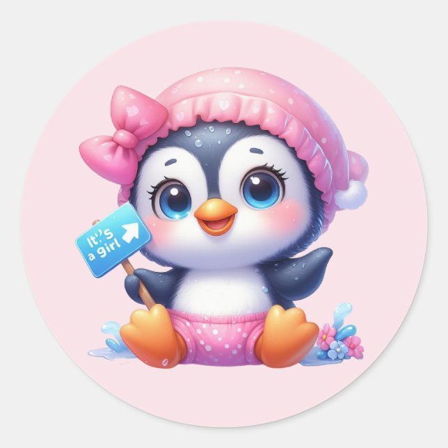 Cute baby girl penguin classic round sticker (Front)