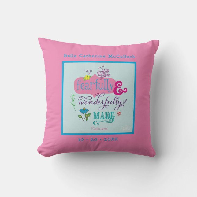 Cute Baby Girl Personalized Bible Verse Pink Throw Pillow (Front)