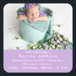 Cute Baby Girl Photo Birth Announcement  Square Sticker<br><div class="desc">Retro script Baby's First Christmas photo Ceramic Ornament</div>