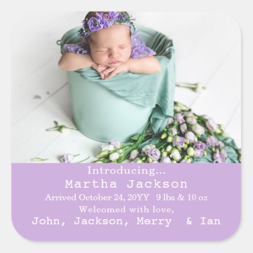 Cute Baby Girl Photo Birth Announcement  Square Sticker