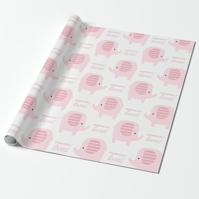 Cute Baby Girl Pin Elephant Wrapping Paper (Unrolled)