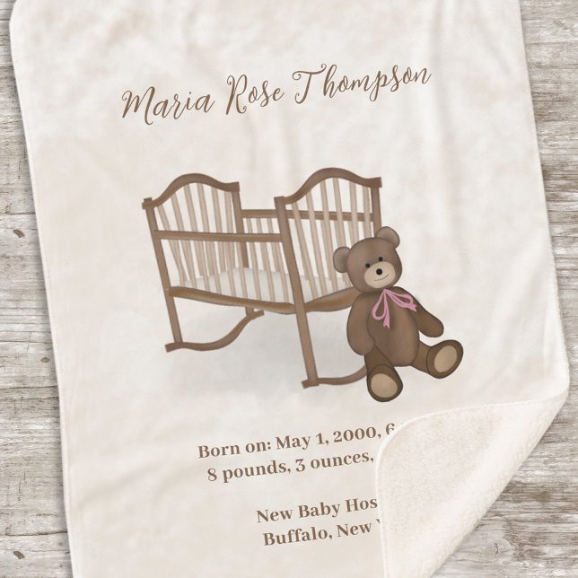 Cute Baby Girl Pink Bear Birth Stats Custom Sherpa Blanket (Creator Uploaded)