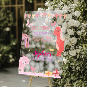 Cute Baby Girl Pink Dino Dinosaur Kids Birthday Acrylic Sign
