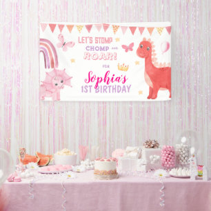 Cute Baby Girl Pink Dino Dinosaur Kids Birthday Banner