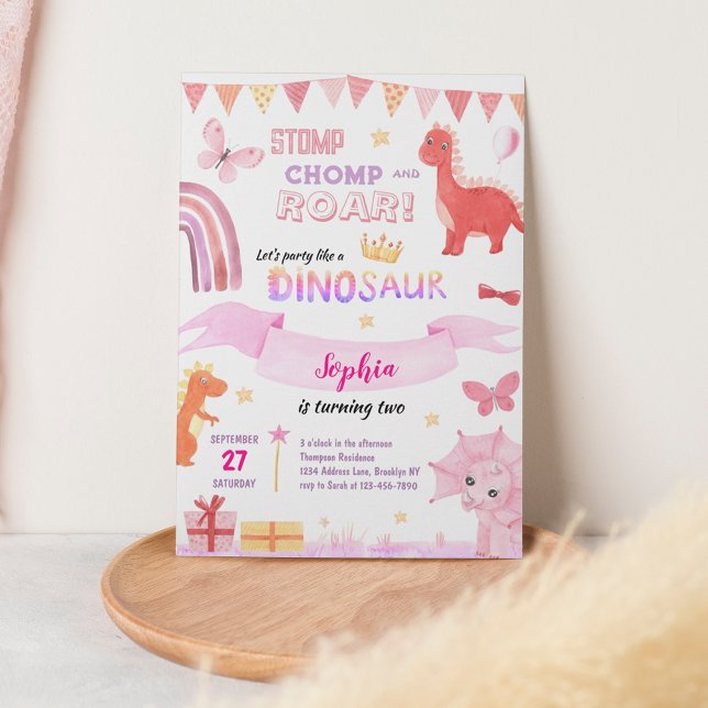 Cute Baby Girl Pink Dino Dinosaur Kids Birthday Invitation (Creator Uploaded)