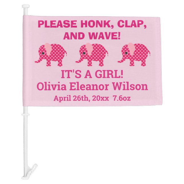 Cute Baby Girl Pink Elephant Honk Wave Car Flag (Front)