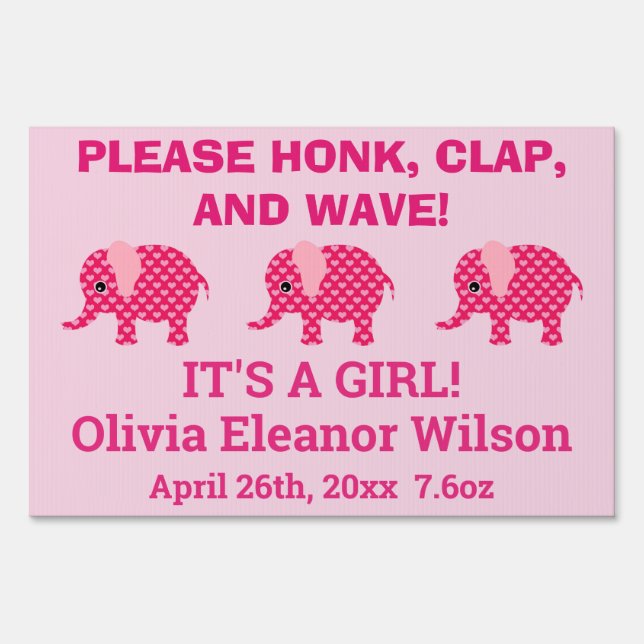 Cute Baby Girl Pink Elephant Honk Wave Sign (Front)