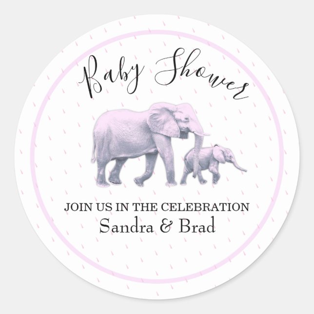 Cute Baby Girl Pink Elephants modern Baby Shower Classic Round Sticker (Front)