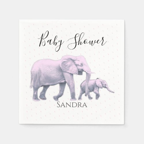 Cute Baby Girl Pink Elephants Modern Baby Shower Napkins