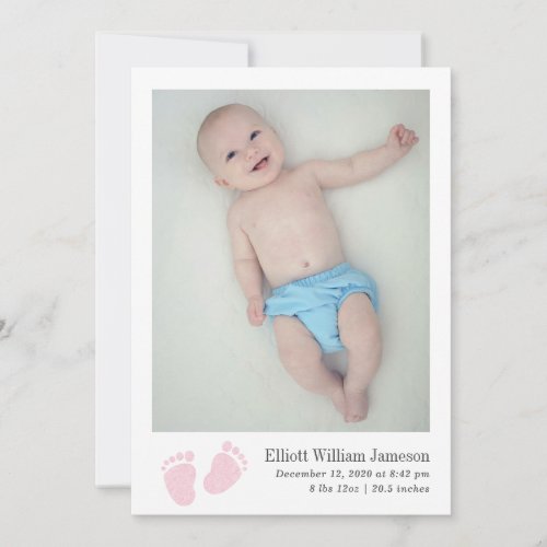 Cute Baby Girl Pink Footprint Newborn Photo Birth Announcement