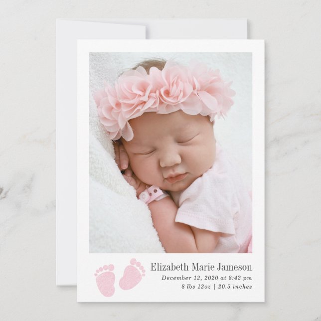 Cute Baby Girl Pink Newborn Footprint Photo Birth Announcement (Front)