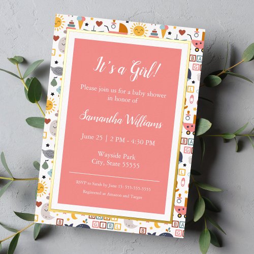 Cute Baby Girl Pink Pattern Baby Shower Gold Foil Invitation