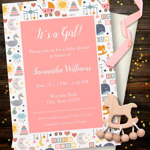 Cute Baby Girl Pink Pattern Baby Shower Invitation