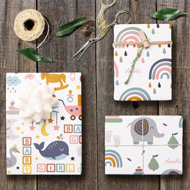 Cute Baby Girl Pink Pattern with Name Baby Shower  Wrapping Paper Sheets (Creator Uploaded)