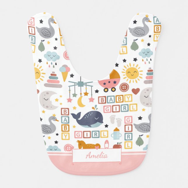 Cute Baby Girl Pink Pattern with Name Bib (Front)