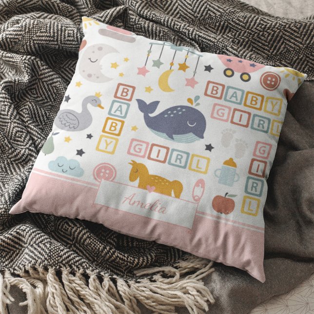 Cute Baby Girl Pink Pattern with Name Throw Pillow (Creator Uploaded)