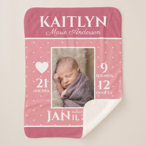 Cute Baby Girl Pink Photo Birth Stats Polka Dot Sherpa Blanket