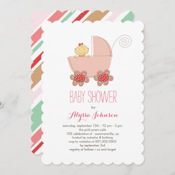 Cute Baby Girl Pink Pram Baby Shower Invite by fat_fa_tin at Zazzle