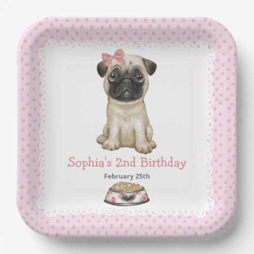 Cute Baby Girl Pink Pug Paper Plates