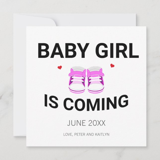 Cute Baby Girl Pink Shoes Coming Soon Pregnancy Announcement (Front)