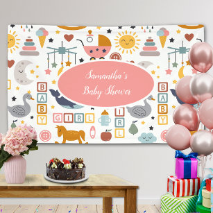 Cute Baby Girl Pink Toy Pattern Baby Shower Banner