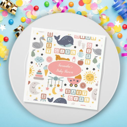 Cute Baby Girl Pink Toy Pattern Baby Shower Napkins