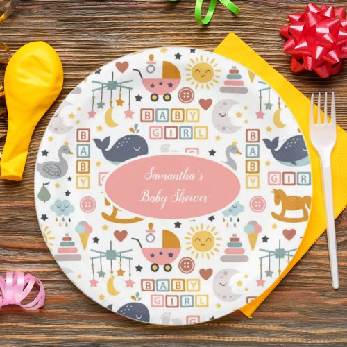 Cute Baby Girl Pink Toy Pattern Baby Shower Paper Plates