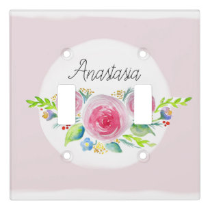 Cute Baby Girl Pink Watercolor Flower Name Nursery Light Switch Cover