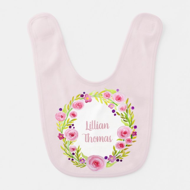 Cute Baby Girl Pink Watercolor Flower Wreath Name Bib (Front)