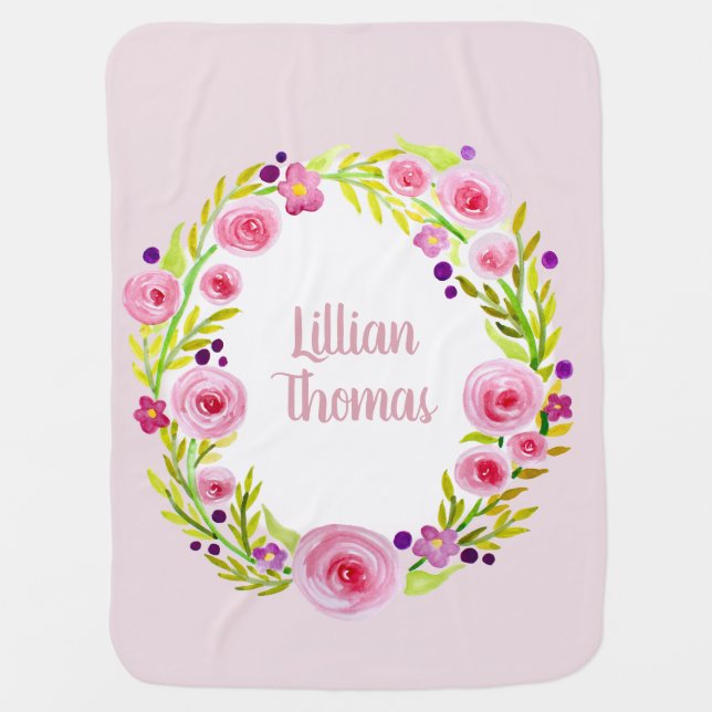 Cute Baby Girl Pink Watercolor Flower Wreath Name Blanket (Front)