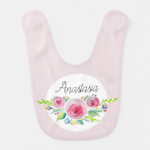 Cute Baby Girl Pink Watercolor Flowers with Name Baby Bib