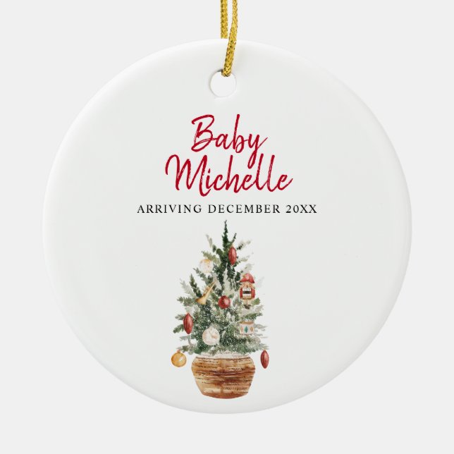 Cute Baby Girl Pregnancy Announcement Pine Tree Ceramic Ornament (Front)