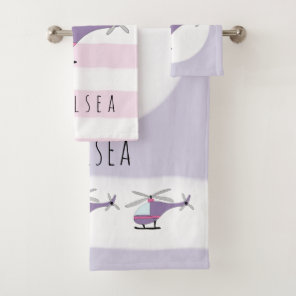 Cute Baby Girl Purple Helicopter & Name Bath Towel Set