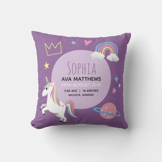 Cute Baby Girl Purple Unicorn Rainbow Birth Stats Throw Pillow (Front)