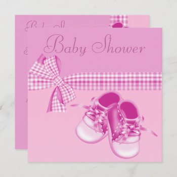 Cute Baby Girl Shower Pink Shoes & Elegant Ribbon Invitation by AJ_Graphics at Zazzle