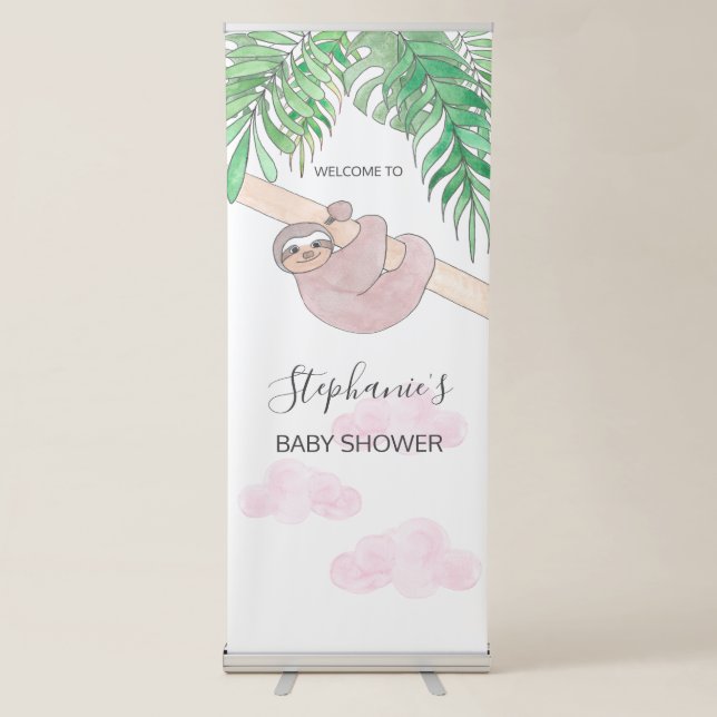 Cute Baby Girl Sloth Baby Shower Retractable Banner (Front)