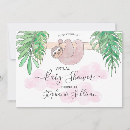 Cute Baby Girl Sloth Virtual Baby Shower Invitatio Invitation