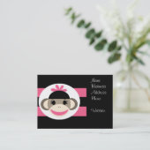 Cute Baby Girl Sock Monkey Black Pink Stripes Business Card (Standing Front)