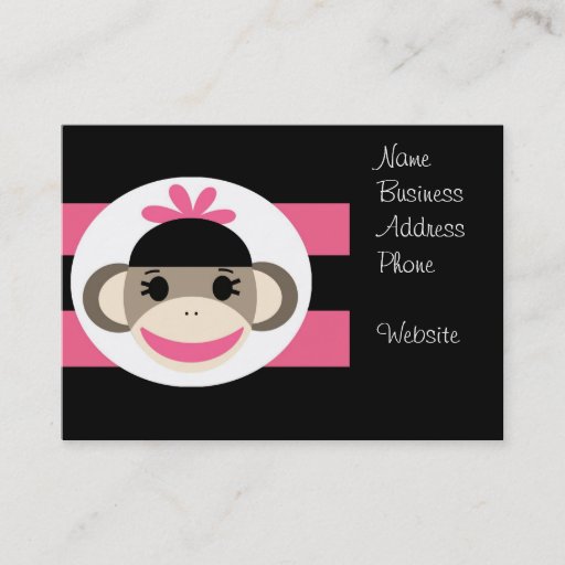 Customizable Cute Baby Girl Sock Monkey Black Pink Stripes Business Card Templates