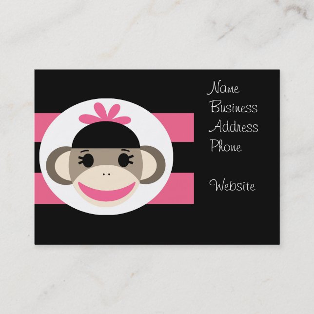 Cute Baby Girl Sock Monkey Black Pink Stripes Business Card (Front)