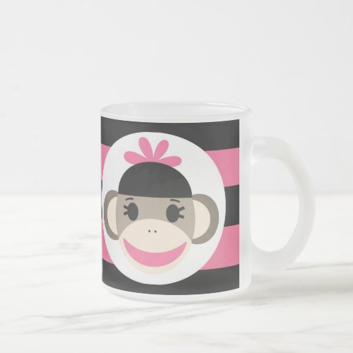 Cute Baby Girl Sock Monkey Black Pink Stripes Frosted Glass Coffee Mug