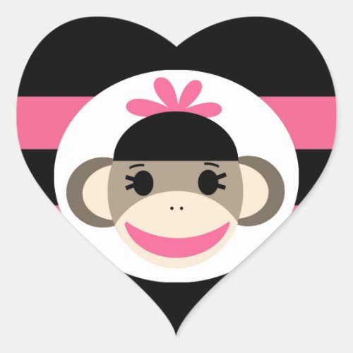 Cute Baby Girl Sock Monkey Black Pink Stripes Heart Sticker