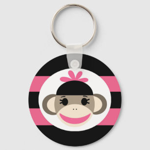 Cute Baby Girl Sock Monkey Black Pink Stripes Keychain