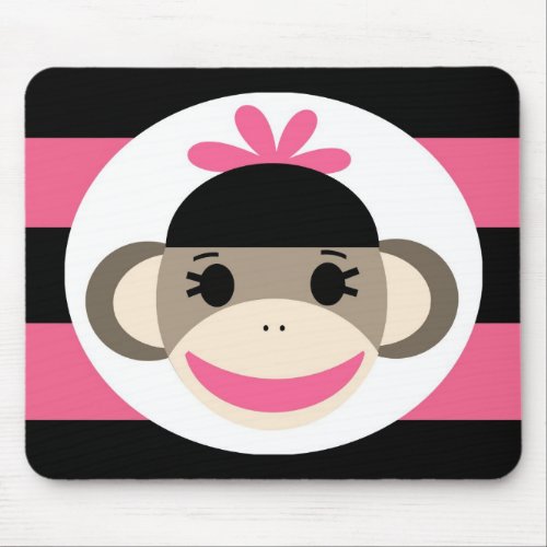 Cute Baby Girl Sock Monkey Black Pink Stripes Mouse Pad