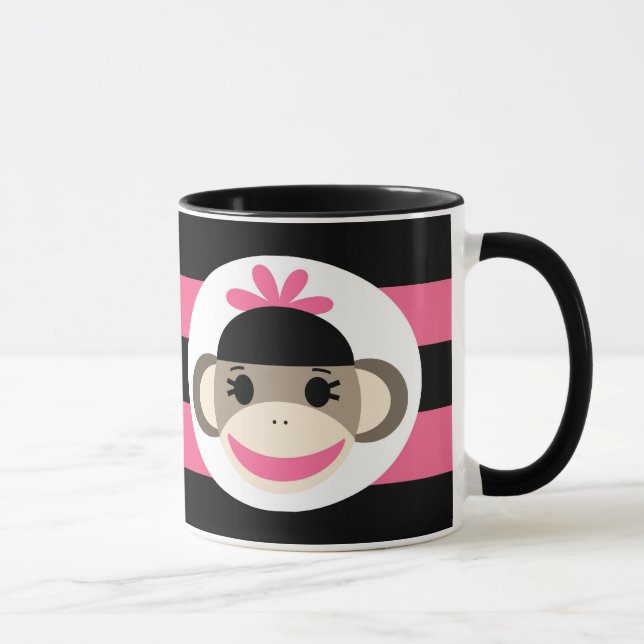 Cute Baby Girl Sock Monkey Black Pink Stripes Mug (Right)