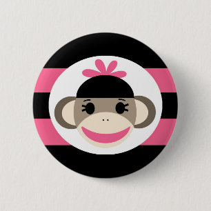 Cute Baby Girl Sock Monkey Black Pink Stripes Pinback Button