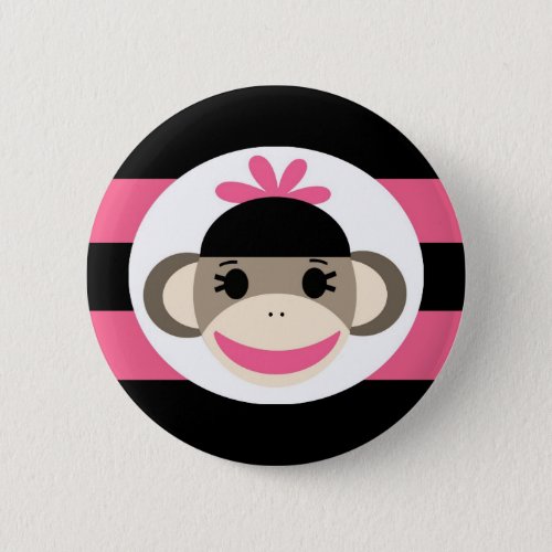 Cute Baby Girl Sock Monkey Black Pink Stripes Pinback Button