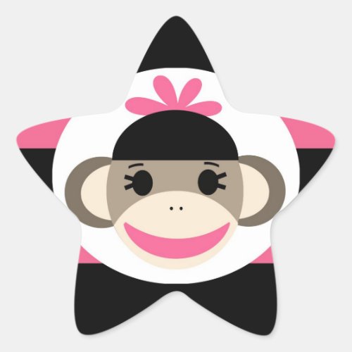 Cute Baby Girl Sock Monkey Black Pink Stripes Star Sticker