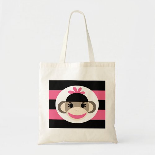 Cute Baby Girl Sock Monkey Black Pink Stripes Tote Bag