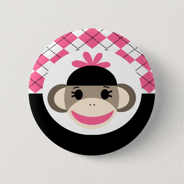 Cute Baby Girl Sock Monkey Pink Black Argyle Button (Front)